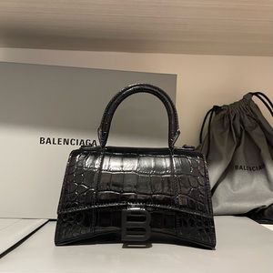 Balenciaga Hourglass XS Handbag in black shiny crocodile embossed calfskin